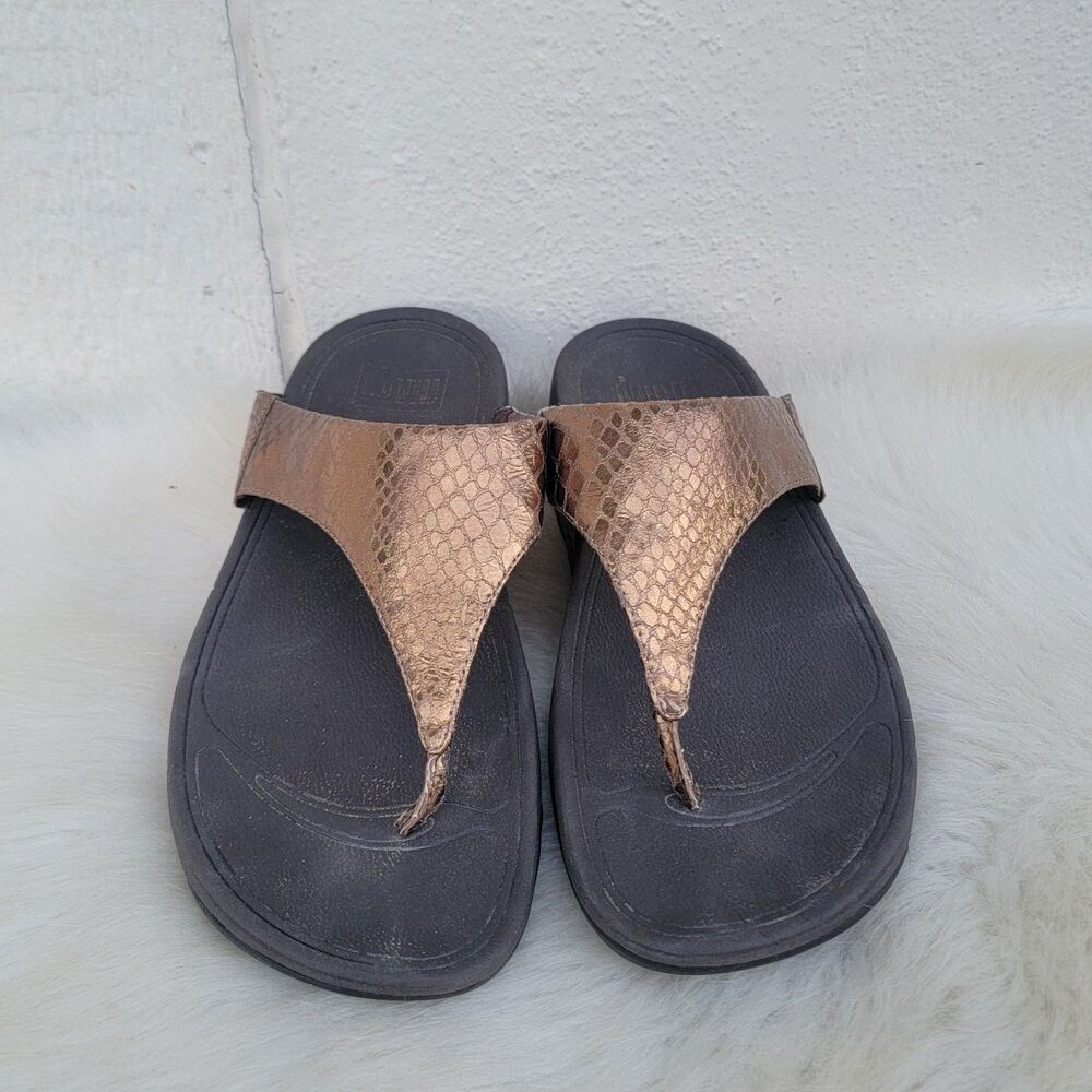 FitFlop Lulu Bronze Snakeskin Wedge Thong Flip Flops Sandals Women Size 8